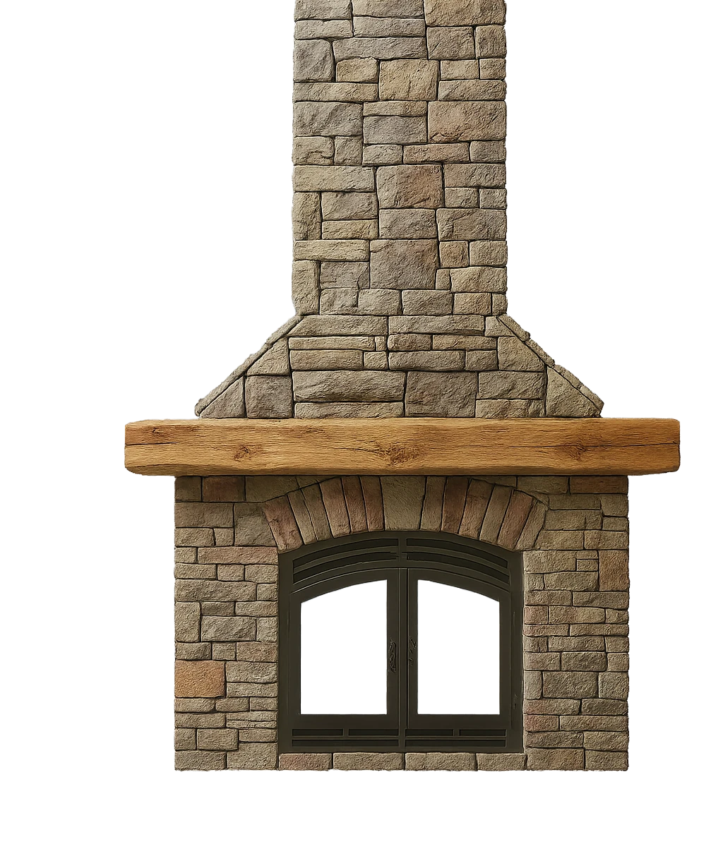 Stone fireplace with wooden mantel